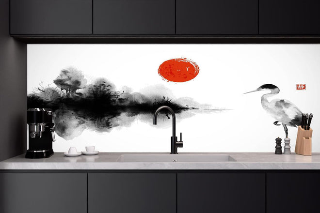 Küchenrückwand - Schwarz-Weiße Kranich Zeichnung mit Rot