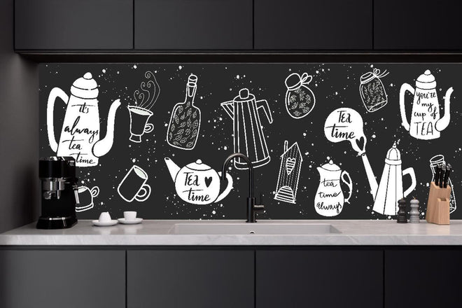 Küchenrückwand - Schwarz-Weiße Teezeit Illustrationskunst