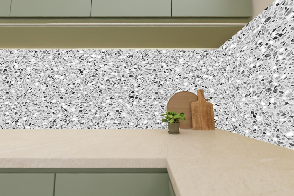 Küchenrückwand - Schwarz-Weiße graue Terrazzo Stein Textur