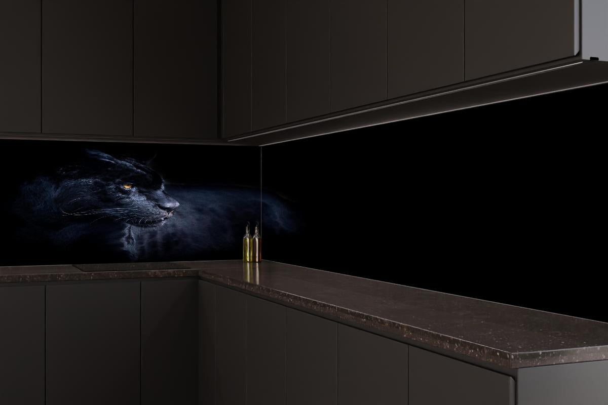 Küchenrückwand - Schwarzen Panther mit schwarzem Hintergrund