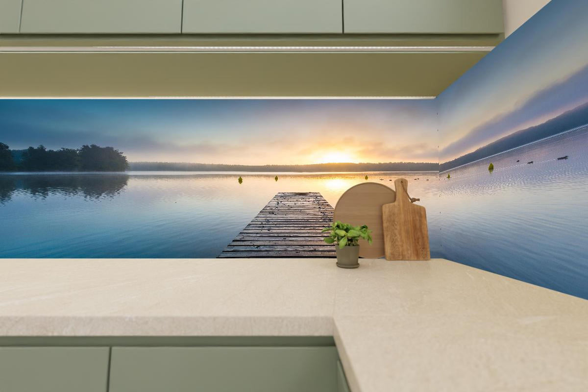 Küchenrückwand - Sonnenaufgang am See mit Nebel