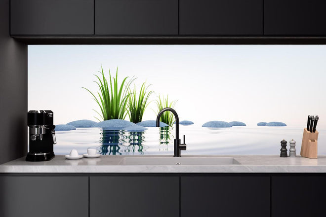 Küchenrückwand - Steine und Gras im See Querformat