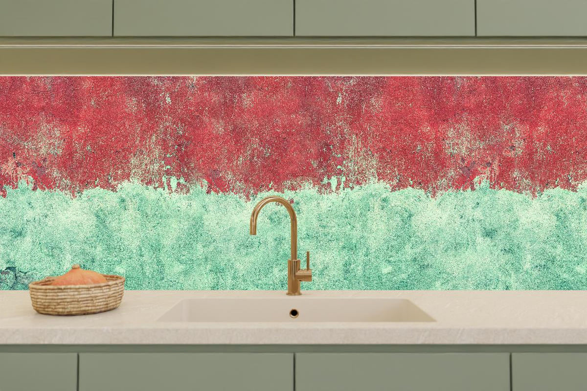 Küchenrückwand - Türkis-rote Wand im Grunge-Stil