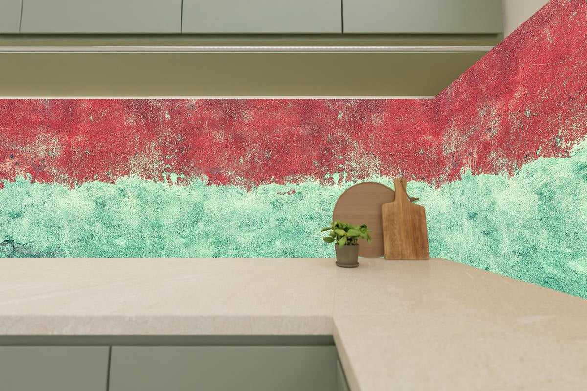 Küchenrückwand - Türkis-rote Wand im Grunge-Stil