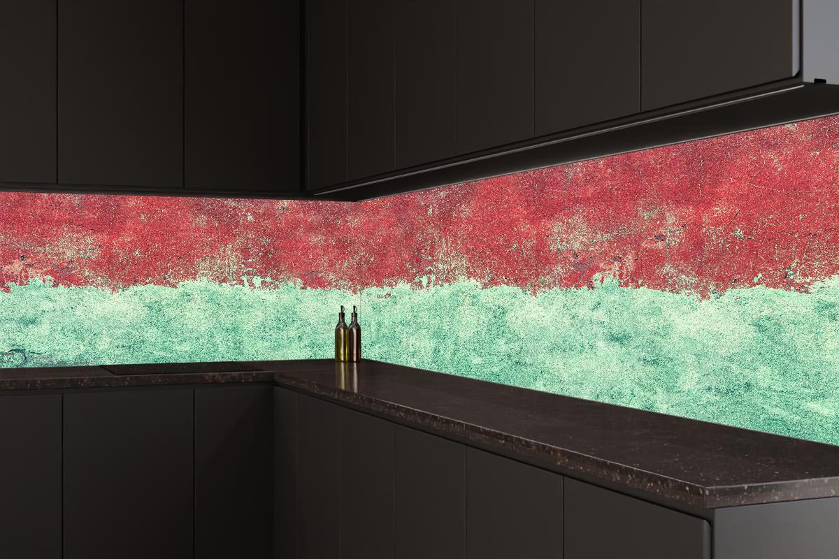 Küchenrückwand - Türkis-rote Wand im Grunge-Stil