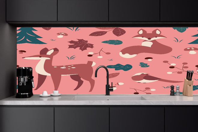 Küchenrückwand - Waldtiere Muster rosa Hintergrund
