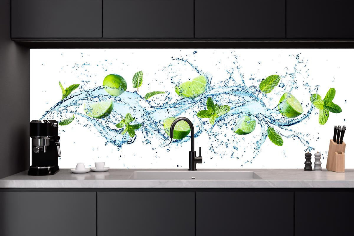 Küchenrückwand - Wasserspritzer mit Minzblättern und Limettenspalten