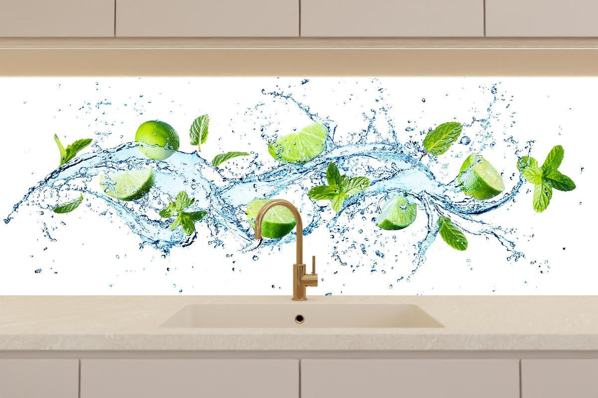 Küchenrückwand - Wasserspritzer mit Minzblättern und Limettenspalten