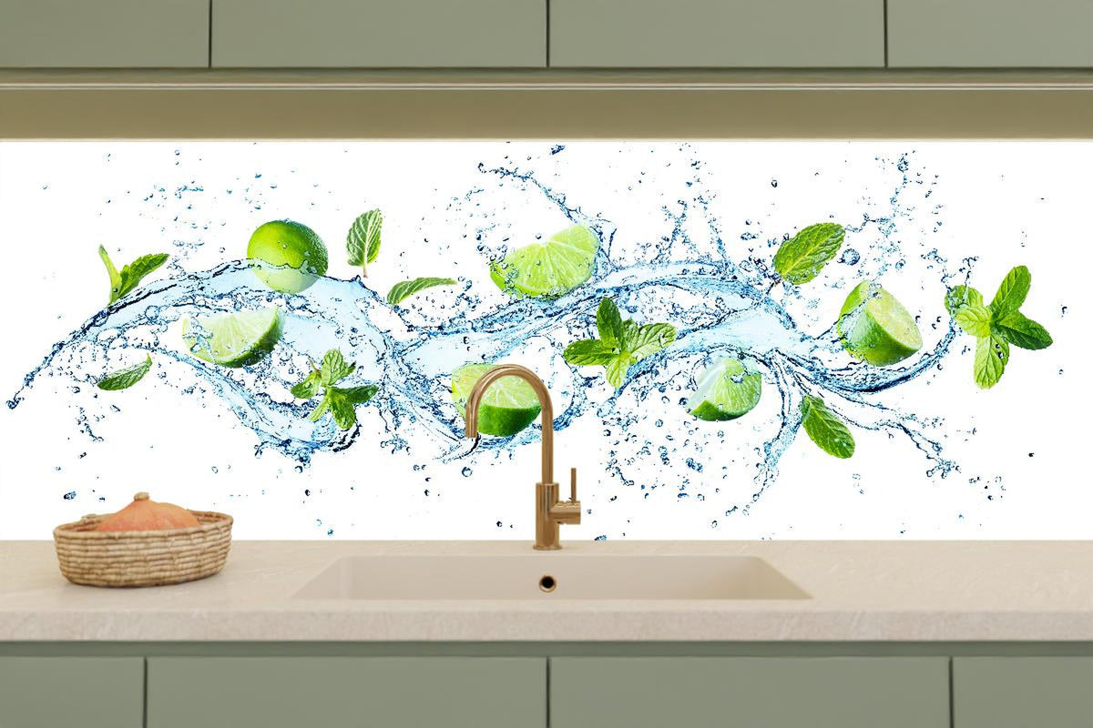 Küchenrückwand - Wasserspritzer mit Minzblättern und Limettenspalten