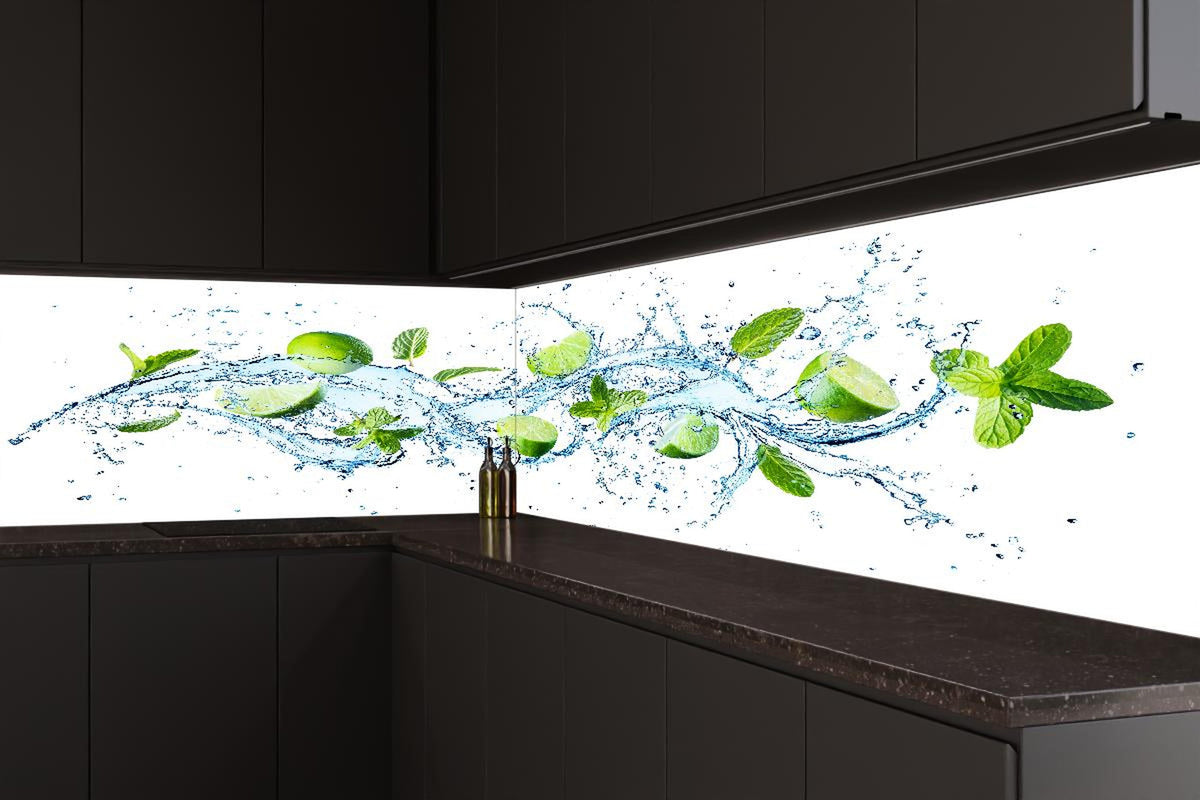 Küchenrückwand - Wasserspritzer mit Minzblättern und Limettenspalten