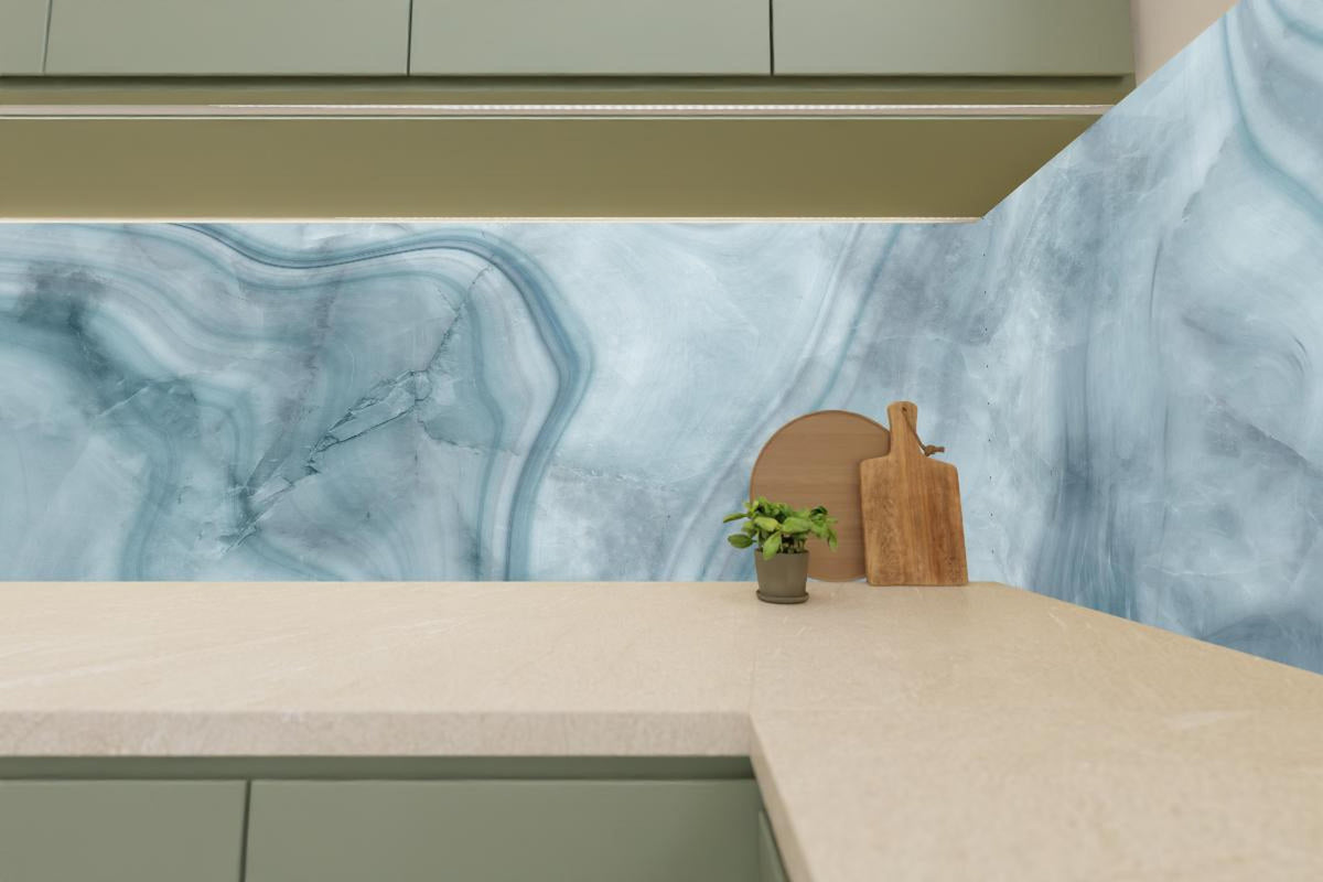 Küchenrückwand - Weiß-Grau-Blauer Marmor