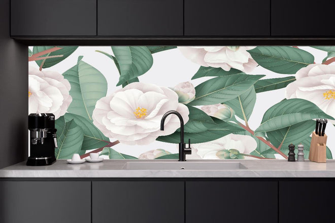 Küchenrückwand - Weiße Semi-double Camellias auf Grau