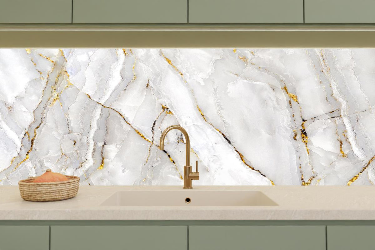 Küchenrückwand - Weißer Statuario-Marmor mit goldene Adern