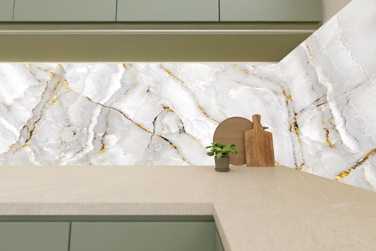 Küchenrückwand - Weißer Statuario-Marmor mit goldene Adern