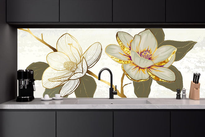 Küchenrückwand - Zeichnung Magnolienblüten Weiß Gold Akzente