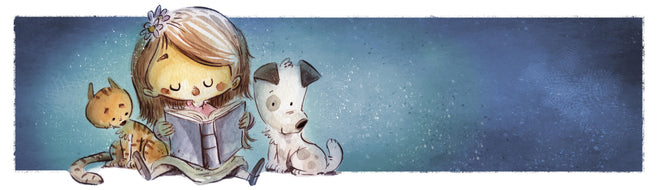 Küchenrückwand - lesendes Mädchen mit Hund und Katze