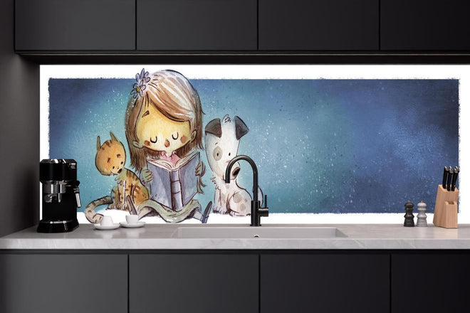 Küchenrückwand - lesendes Mädchen mit Hund und Katze