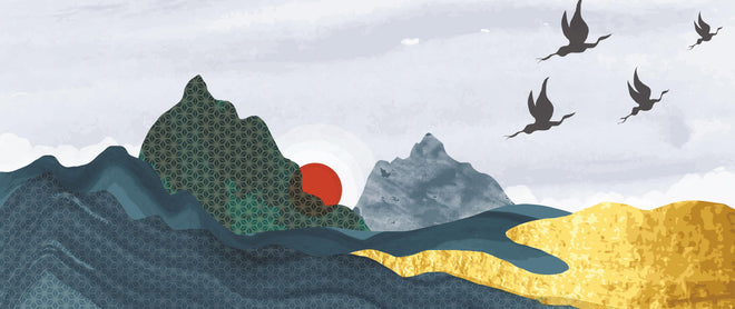 Spritzschutz - Abstrakte Berge und Vögel im Sonnenuntergang