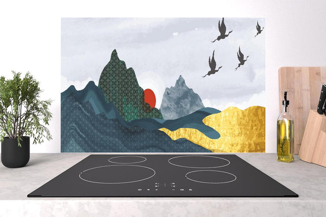 Spritzschutz - Abstrakte Berge und Vögel im Sonnenuntergang