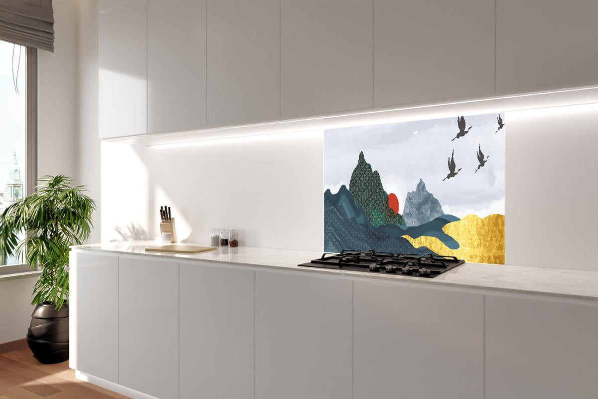 Spritzschutz - Abstrakte Berge und Vögel im Sonnenuntergang