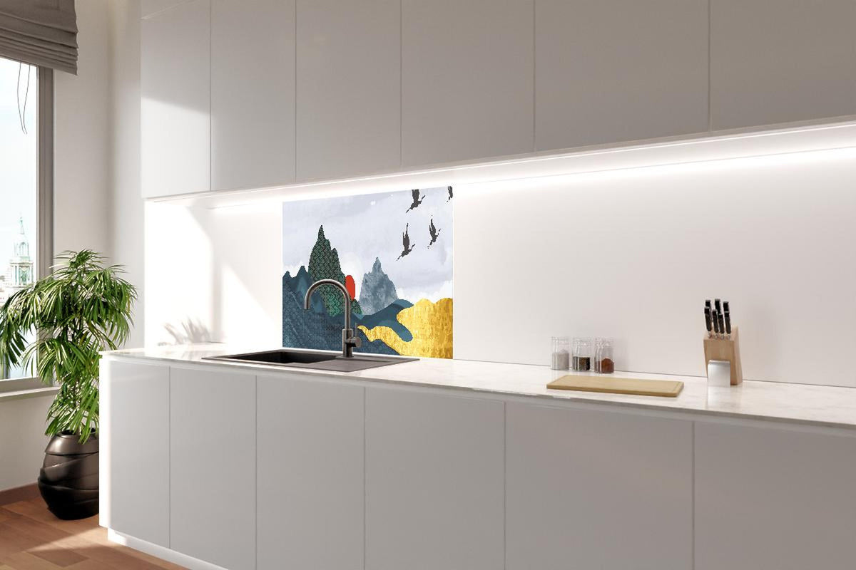 Spritzschutz - Abstrakte Berge und Vögel im Sonnenuntergang