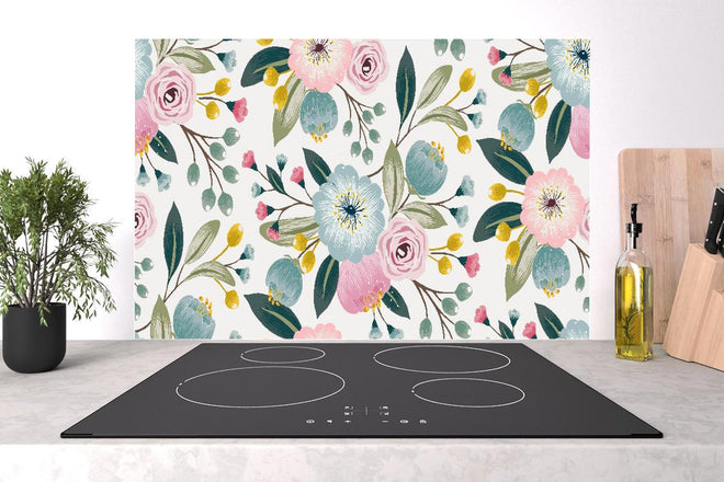 Spritzschutz - Abstrakte Blumenmuster in Rosa und Hellblau