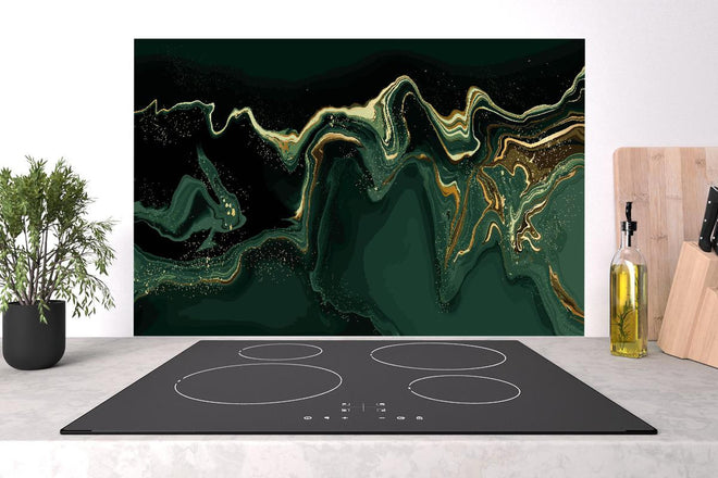 Spritzschutz - Abstrakte Kunst Leinwand in Grün mit Goldakzenten