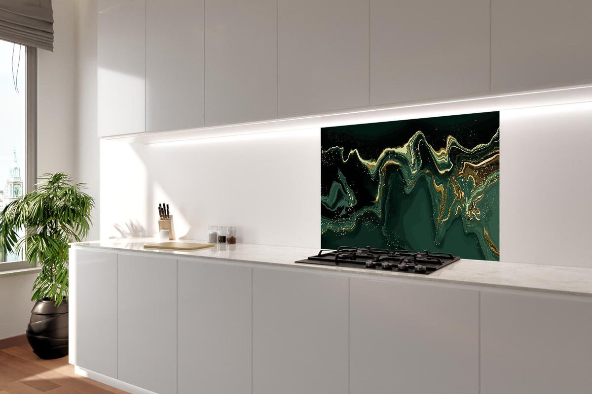 Spritzschutz - Abstrakte Kunst Leinwand in Grün mit Goldakzenten