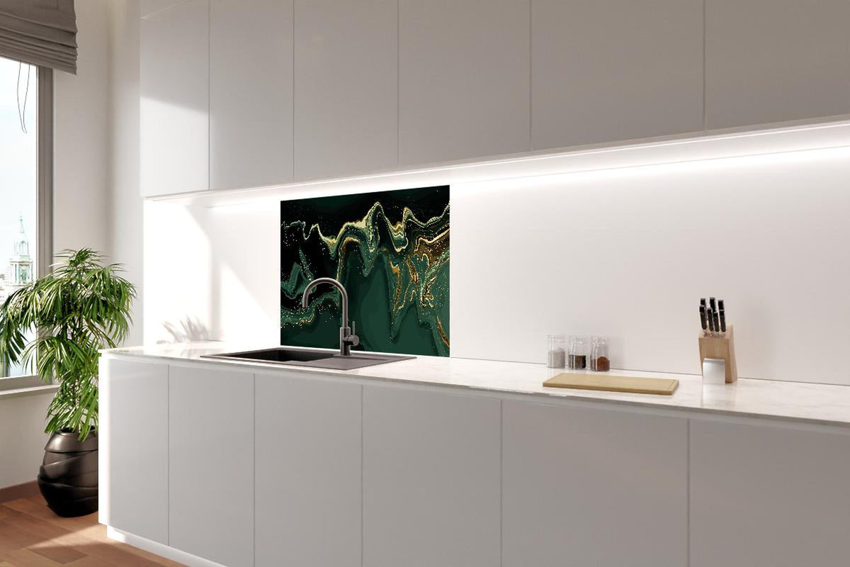Spritzschutz - Abstrakte Kunst Leinwand in Grün mit Goldakzenten