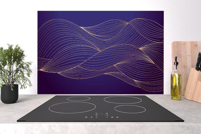 Spritzschutz - Abstrakte lila-goldene Wellen Linienillustration