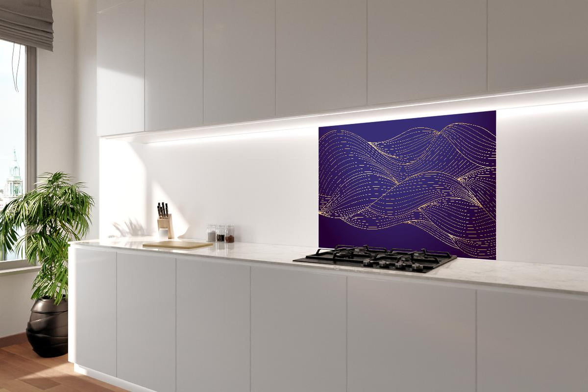 Spritzschutz - Abstrakte lila-goldene Wellen Linienillustration