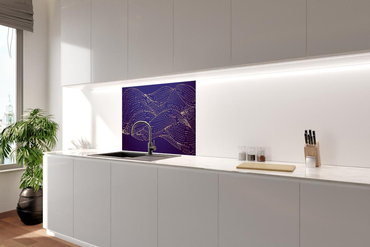 Spritzschutz - Abstrakte lila-goldene Wellen Linienillustration
