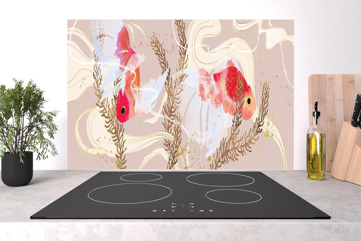 Spritzschutz - Abstrakter Beige-Rot Koi-Fisch Kunstdruck