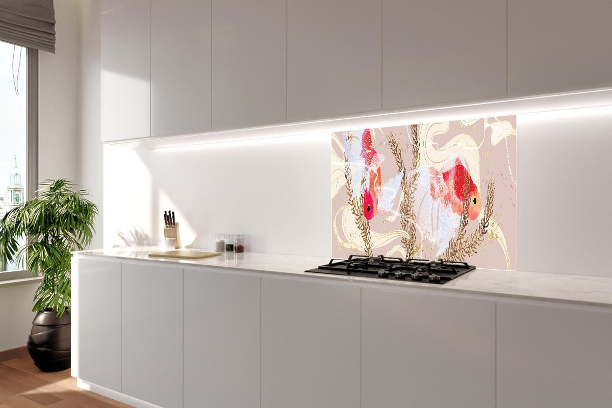 Spritzschutz - Abstrakter Beige-Rot Koi-Fisch Kunstdruck