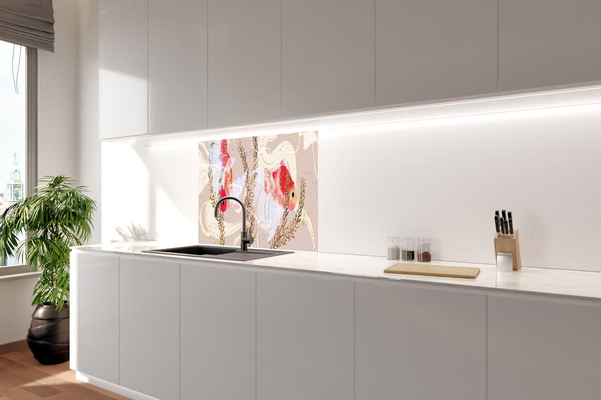 Spritzschutz - Abstrakter Beige-Rot Koi-Fisch Kunstdruck