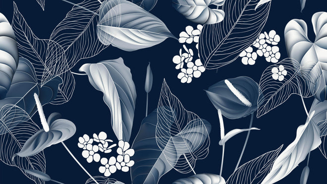 Spritzschutz - Anthurium Blumenmuster Blautöne auf Dunkelblau