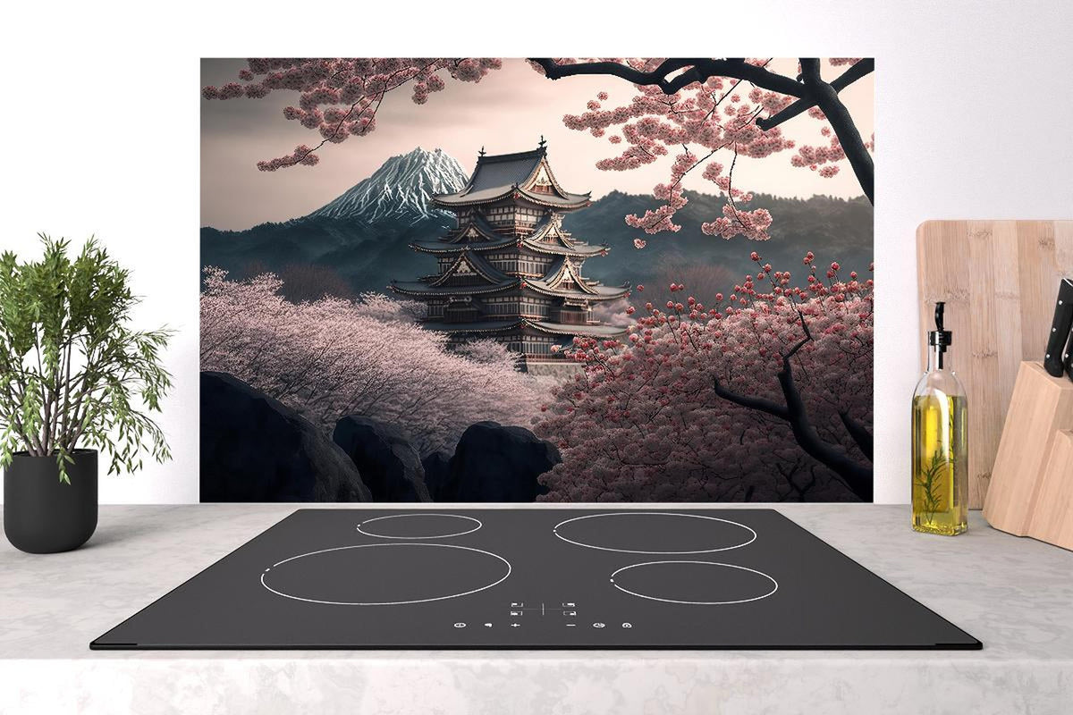 Spritzschutz - Asiatische Kirschblüte mit Tempelblick