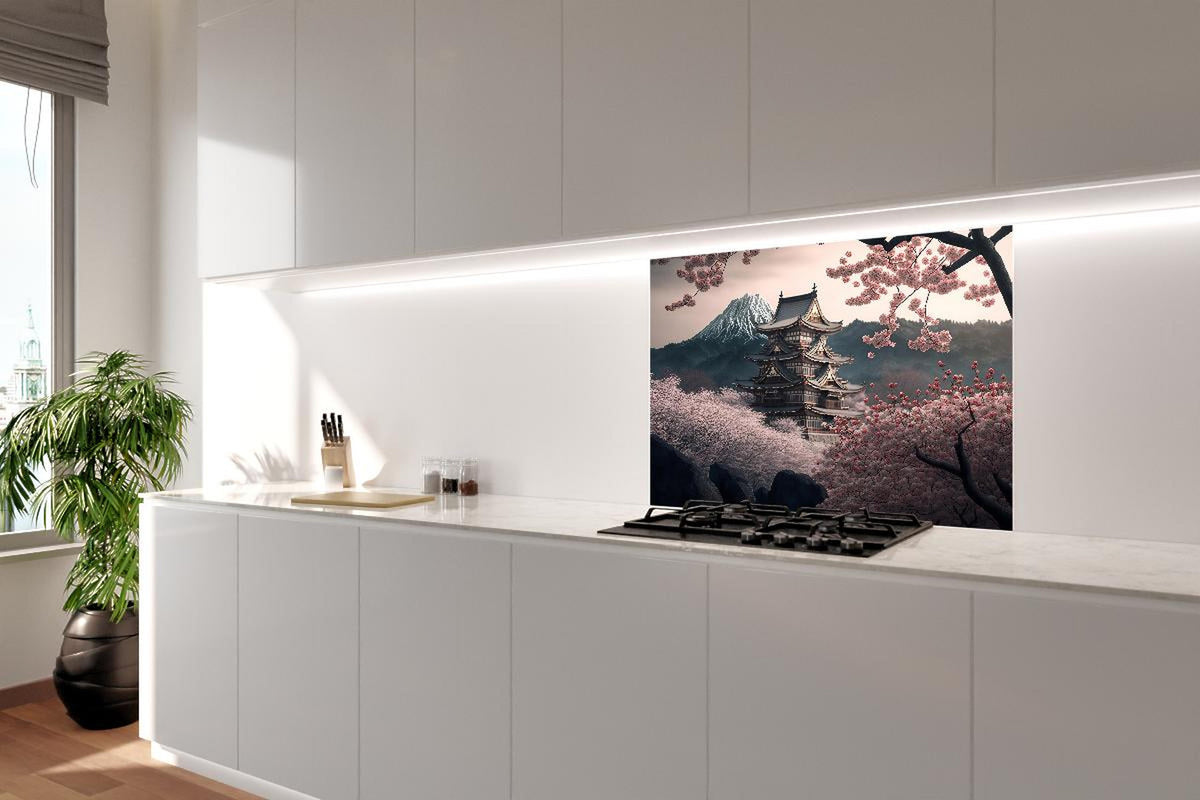 Spritzschutz - Asiatische Kirschblüte mit Tempelblick