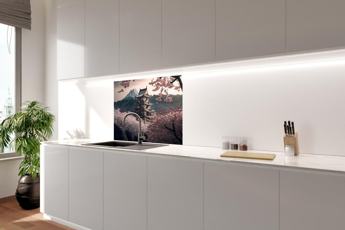 Spritzschutz - Asiatische Kirschblüte mit Tempelblick