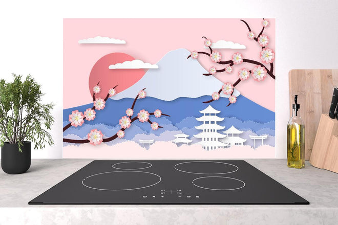 Spritzschutz - Asiatische Landschaft mit Kirschblüten Kunst