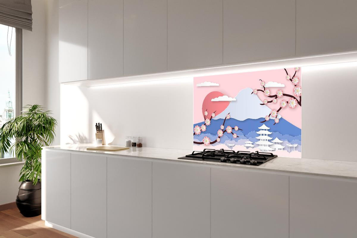 Spritzschutz - Asiatische Landschaft mit Kirschblüten Kunst