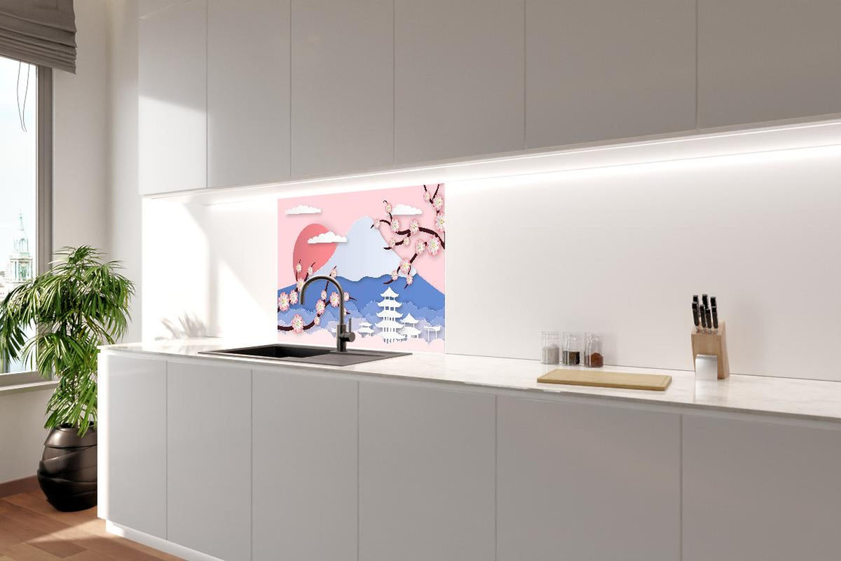 Spritzschutz - Asiatische Landschaft mit Kirschblüten Kunst