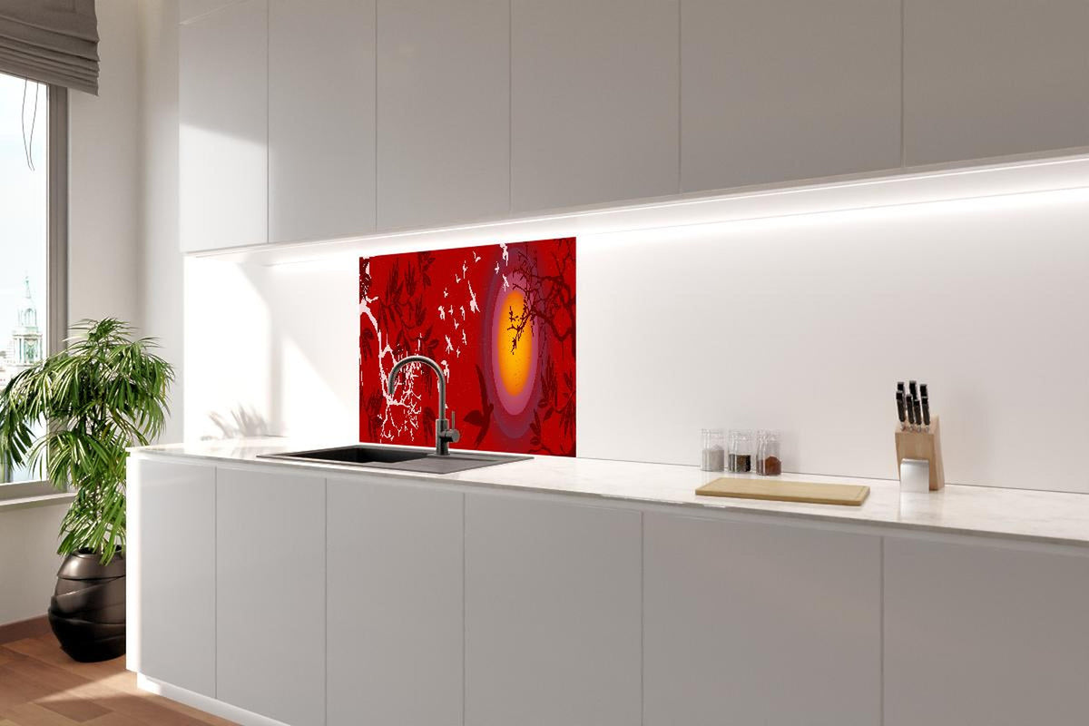 Spritzschutz - Asiatische Landschaft mit Sonnenuntergang