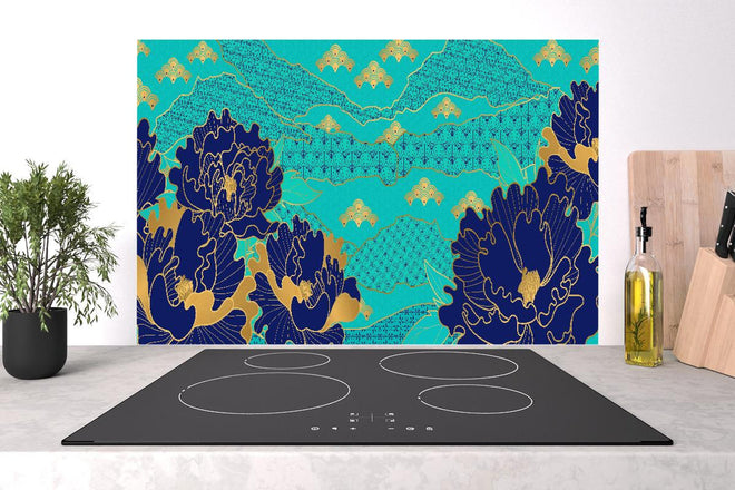 Spritzschutz - Ästhetischer Blumenprint in Orientalisch-Blau