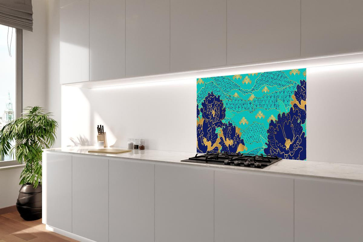 Spritzschutz - Ästhetischer Blumenprint in Orientalisch-Blau