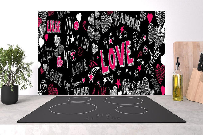 Spritzschutz - Banner Liebe Schriftzüge Herzen Motiv Bunt