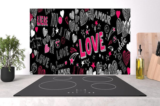 Spritzschutz - Banner Liebe Schriftzüge Herzen Motiv Bunt