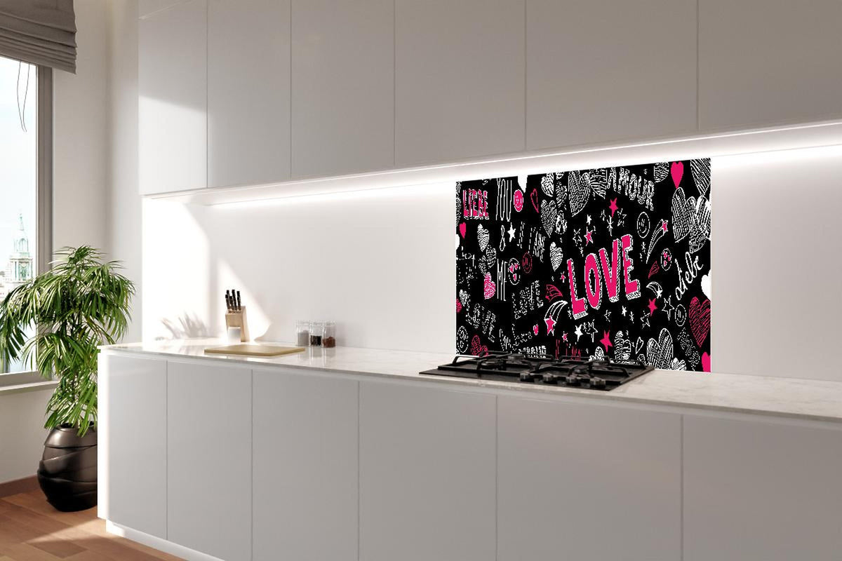 Spritzschutz - Banner Liebe Schriftzüge Herzen Motiv Bunt