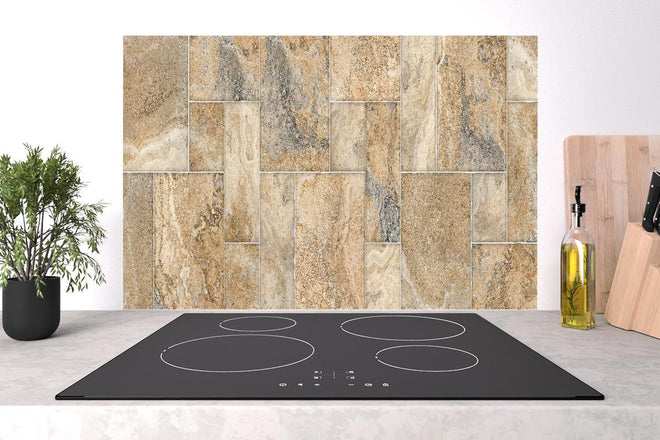 Spritzschutz - Beige Wandtextur aus Natursteinblöcken