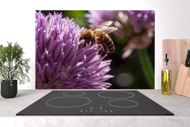 Spritzschutz - Biene auf lila Blüte Makroaufnahme